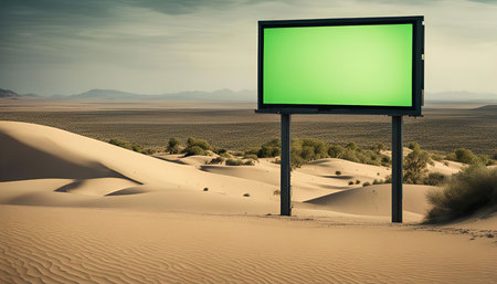 A large billboard stands alone in a vast desert landscape. The screen on the billboard is blank, offering a canvas for any message or image.の写真素材