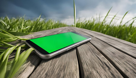 A smartphone with a green screen lies on a wooden plank in a field of grass. The sky is cloudy and the grass is lush and green.の写真素材