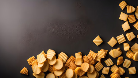 Close-up photo of a variety of crispy crackers and chips arranged on a dark background, showing...