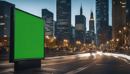 A blank green billboard stands on a busy city street at night, with tall skyscrapers and traffic lights creating a vibrant cityscape backdrop.の写真素材
