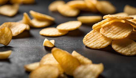 A close-up view of a pile of golden potato chips, scattered on a black background. The chips are crispy, light, and inviting, highlighting their textural appeal.の写真素材