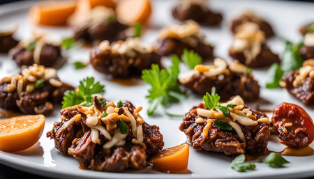 A close-up image of a plate of appetizers featuring shredded beef topped with various ingredients like shredded cheese, herbs, and nuts. The food is arranged artistically on a white plate, showing its rich flavor and texture.の写真素材