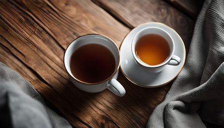 Two white teacups with gold rims on a wooden table, with a fabric beside the cups. It is a close-up still life shot, showing the teacups and the table surface in detail.の写真素材