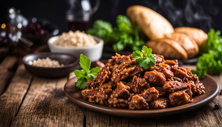 A close up shot of braised meat dish on a plate, garnished with parsley. The dish looks delicious and flavorful. It is served on a wooden table with other food items like rice and bread in the background.の写真素材