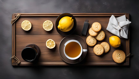 A wooden tray with a cup of lemon tea, a saucer, cookies, lemons, and a napkin. The tray is on a dark gray backgroundの写真素材