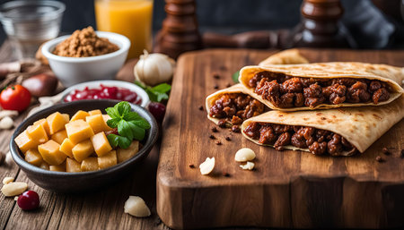 A closeup of savory crepes filled with a rich, meaty filling. The crepes are arranged on a rustic wooden board, with additional ingredients like cranberries and cheese visible in the background. This image captures the essence of deliciousness and culinary artistry.の写真素材