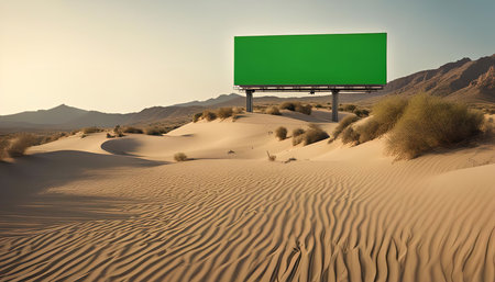 A blank billboard stands alone in a vast desert landscape with sand dunes and mountains in the backgroundの写真素材