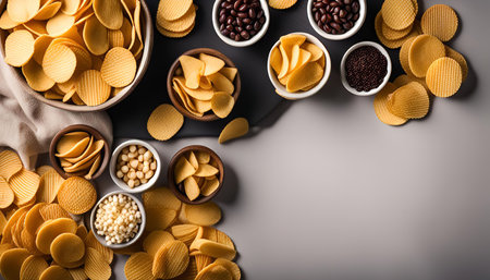 A variety of snacks arranged in bowls, including potato chips, crackers, and other treats.の写真素材