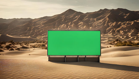 A green screen billboard stands tall in the middle of a vast desert landscape, surrounded by golden sand dunes and rugged mountains.の写真素材