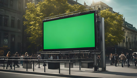 A large green screen billboard in a city with people walking on the sidewalk in the background.の写真素材