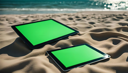 Two tablets with green screens lying on the sand of a beach with the ocean in the background.の写真素材