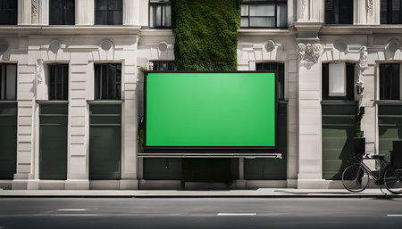 A green screen billboard mounted on the facade of a building in an urban environment.の写真素材