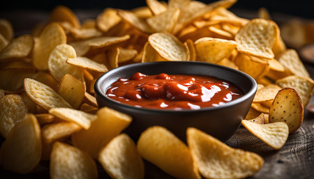 Close-up photo of potato chips in a bowl with red sauce on a wooden background. This is a typical American snackの写真素材
