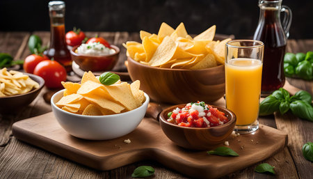 A close-up of a delicious snack with tortilla chips, salsa, and orange juice. It is arranged on a wooden table with a rustic background. The image focuses on the fresh and flavorful ingredients.の写真素材