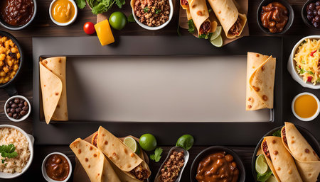 A flat lay image of a Mexican food platter with burritos, salsa, rice, beans, and cheese. There is copy space in the center of the image.の写真素材