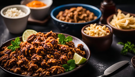 Close-up of a flavorful Middle Eastern dish, featuring aromatic spices and fresh herbs, served on a plate with accompanying bowls.の写真素材