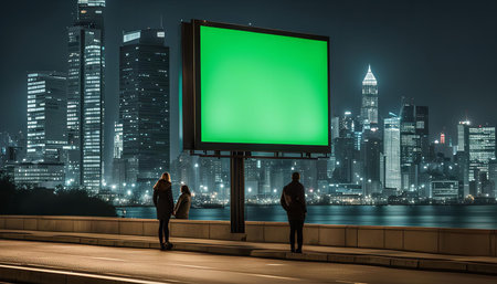 A green screen billboard stands tall in a bustling cityscape at night, silhouetted against a backdrop of towering skyscrapers and glittering lights. The billboard offers a blank canvas for advertising or creative opportunities.の写真素材