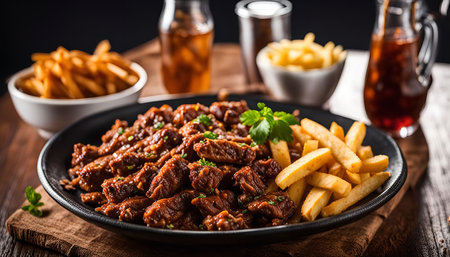 A plate of beef bites with french fries, delicious and satisfying. A perfect meal for a hungry...