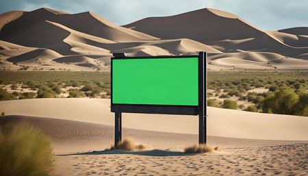 A large green billboard stands in a desert landscape. The billboard is empty, with a green screen, ready for any message or image. The desert is vast and empty, with rolling sand dunes in the background.の写真素材