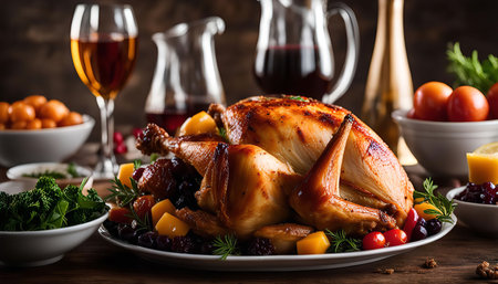 A roasted turkey is the centerpiece of this delicious holiday dinner, surrounded by side dishes like cranberry sauce, broccoli, and a glass of wine.の写真素材