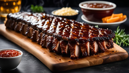 Close-up of a rack of succulent, BBQ ribs, glazed with a rich and tangy sauce, served on a wooden cutting board with sides. The ribs are grilled to perfection, with a slightly charred exterior and tender, juicy meat.の写真素材