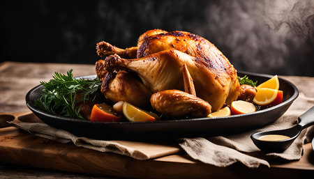 A golden brown roasted chicken, glistening with juices and ready to be served. It sits on a black platter with fresh herbs and orange slices, making for a delicious and appetizing meal.の写真素材