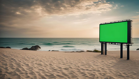 A large billboard stands on a sandy beach, facing the ocean. The sun sets in the distance, casting golden light across the water and clouds. The billboard is blank, providing a canvas for advertising opportunities.の写真素材