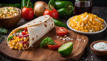 A delicious looking burrito filled with corn, tomatoes, red onion, and other ingredients on a wooden board with a bowl of corn, sauce, and a lime.の写真素材