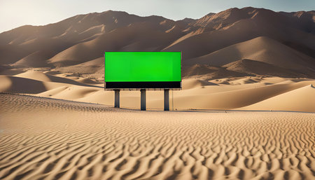 A green screen billboard stands tall in a vast desert landscape. The billboard is positioned in the foreground, with towering sand dunes and mountains in the background. The scene is illuminated by the warm glow of the sun, casting long shadows across the sand.の写真素材