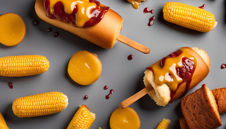 This picture captures a vibrant and tempting spread of corn dog pops. Drizzled with a rich mustard and sweet sauce, they're surrounded by corn cobs and buttery pats of cheese, ready to satisfy any craving for a sweet and savory treat.の写真素材