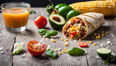 A mouthwatering burrito filled with savory beef, melted cheese, corn, and fresh vegetables. It's accompanied by a glass of juice, avocado, corn, and jalapenos, creating a vibrant and delicious spread.の写真素材