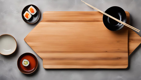 A flat lay image featuring a wooden cutting board with two sushi rolls in a small bowl, a black bowl with chopsticks, and a gray surface background.の写真素材