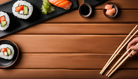 A plate of delicious sushi rolls on a wooden background, ready to be eaten with chopsticks.の写真素材
