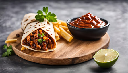 A delicious burrito filled with chili, served with fries and sauce on a wooden cutting board. The burrito is wrapped in a soft tortilla and topped with fresh cilantro.の写真素材