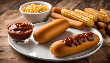 Close-up of a corn dog with ketchup, corn on the cob and a wooden tableの写真素材