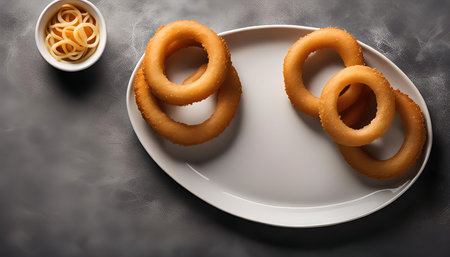 A plate of crispy onion rings on a gray background. The rings are golden brown and appear to be freshly fried. There is also a small bowl with onions in the background.の写真素材