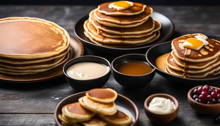 Close up of a table setting with pancakes, syrup, and butter. There are three stacks of pancakes,...