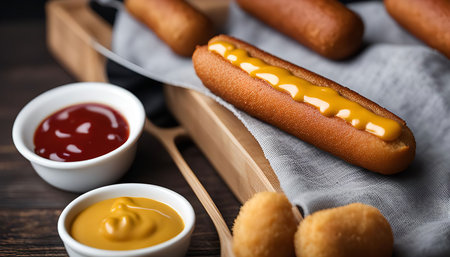 A close-up shot of a corn dog with yellow mustard and red ketchup on a wooden tray. The corn dog is crispy and golden brown.の写真素材