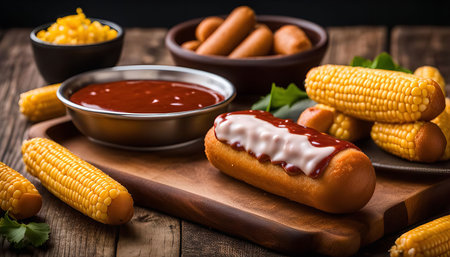 A close up of a corn dog with corn on the cob, bbq sauce, and corn kernels in the background. The corn dog is fried and topped with white sauce and ketchup.の写真素材