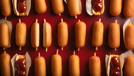 A close-up shot of a pattern of corn dogs with ketchup and cheese on top, placed on a red background.の写真素材