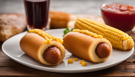 Two corn dogs on a white plate with mustard, ketchup, and corn on the side.の写真素材