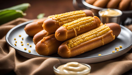 A plate of freshly made corn dogs, served with a side of mustard.の写真素材