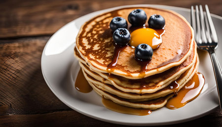 A stack of fluffy pancakes topped with blueberries and a drizzle of syrup on a white plate. The pancakes are golden brown and the blueberries are plump and juicy.の写真素材