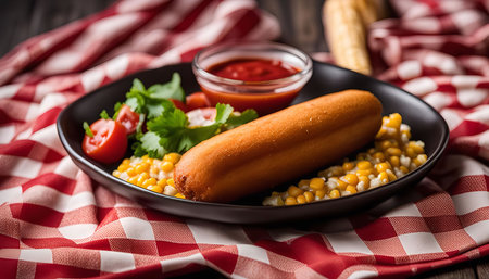 A golden brown corn dog sits on a bed of yellow corn kernels with a small bowl of ketchup in the background. The corn dog is a classic American comfort food.の写真素材