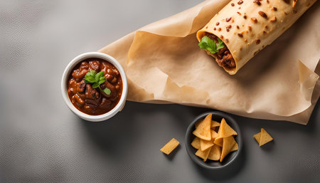 Close-up shot of a delicious burrito meal, featuring a burrito, a bowl of chili, and a plate of tortilla chips, all on a gray background.の写真素材