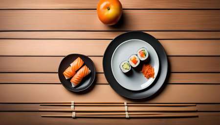 An overhead shot of sushi rolls on a plate with chopsticks and a wooden table.の写真素材