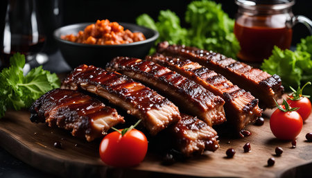 Close up of a wooden board with delicious bbq ribs on it. The ribs are glazed with a sweet and smoky sauce, and are surrounded by fresh tomatoes and lettuce.の写真素材