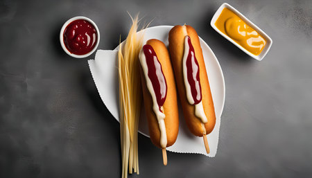 Two golden brown corn dogs topped with ketchup and mustard on a white plate. A small bowl of ketchup and a ramekin of mustard sit next to the plate on a gray surface.の写真素材