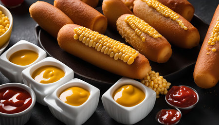 A close-up view of a plate of mini corn dogs, each bite-sized and topped with a row of corn kernels. The corn dogs are surrounded by dipping sauces in small bowls, including mustard and ketchup.の写真素材