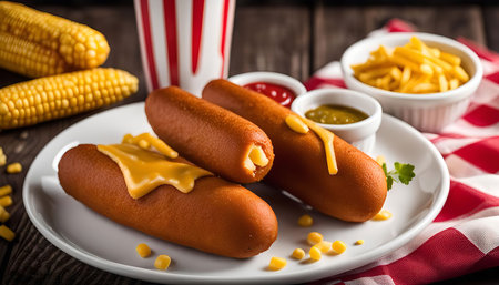 Close-up of three corn dogs drizzled with cheese, served on a white plate with ketchup and mustard. Corn kernels are scattered around the plate.の写真素材